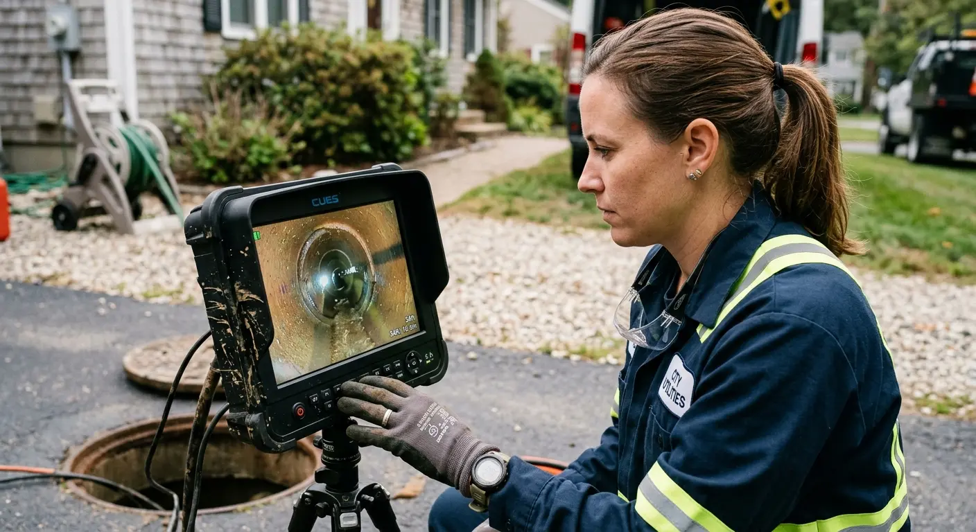 Technician reviewing sewer camera inspection footage in Delano