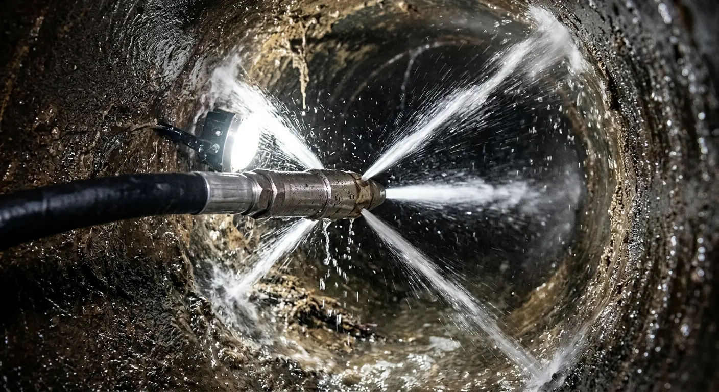 High-pressure hydro jetting nozzle cleaning sewer pipe for Sewer Cleanout in Delano