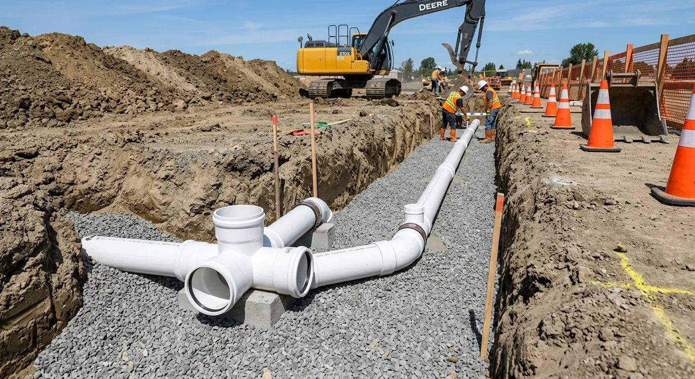 New PVC sewer pipe installation in open trench for Sewer Backup in Delano